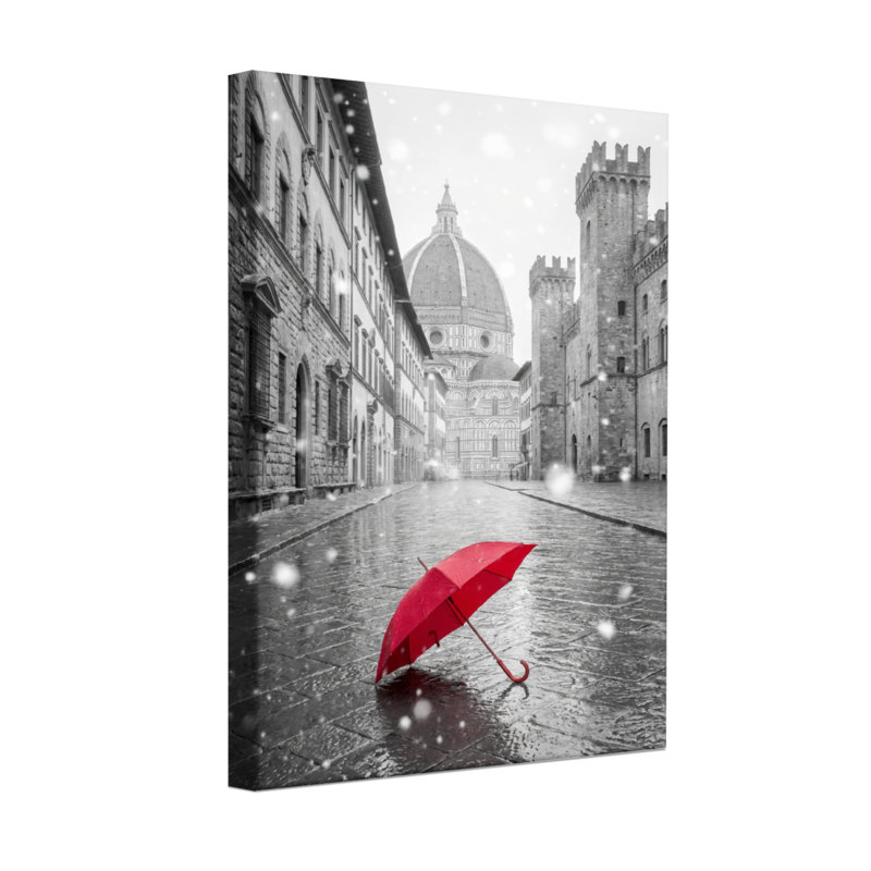 Scénique et paysage urbain parapluie rouge dans la rue enneigée, H 40 po x l 28 po