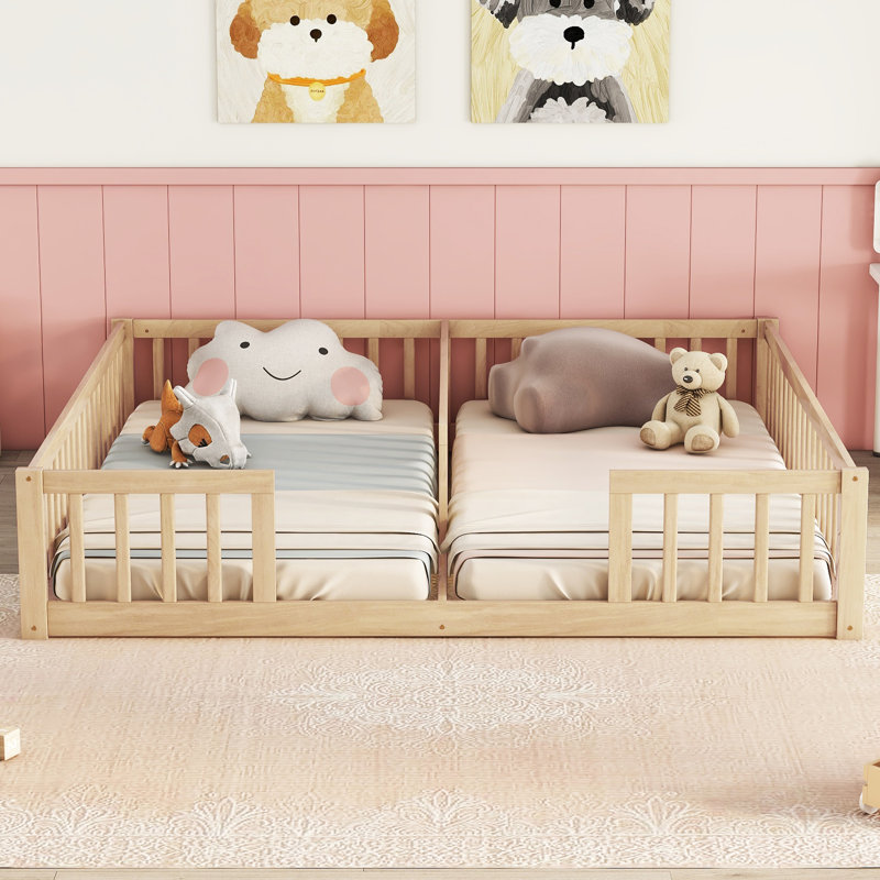 Deux lits simples dans un lit en pin avec garde-corps - sans porte - assemblage facile, Naturel