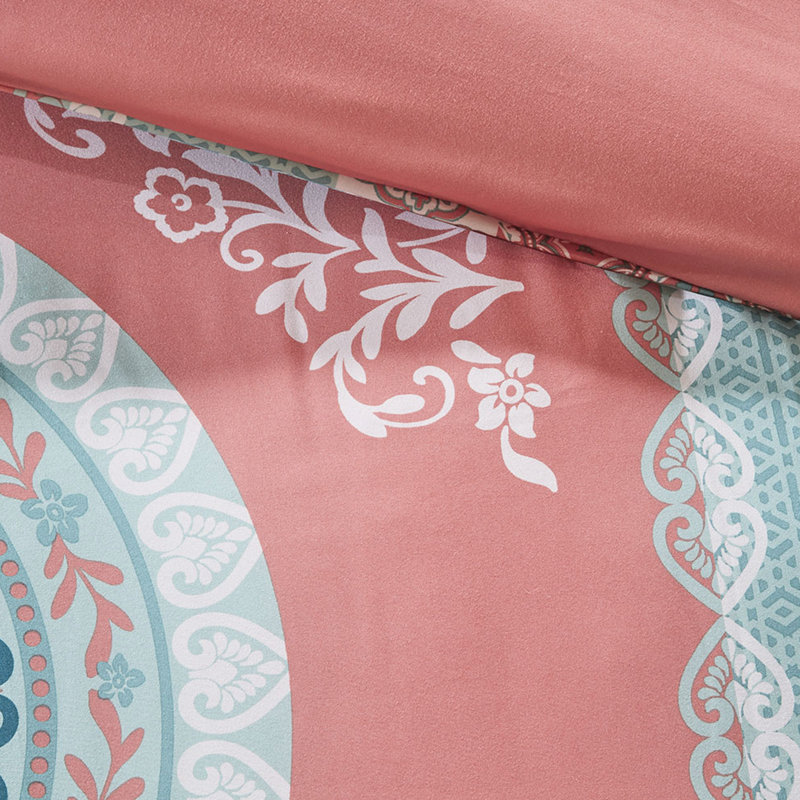 Ensemble d'édredon pour lit simple et ensemble de draps - Grand médaillon en corail, tissu lisse, literie complète avec motif corail Collection, microfibre douce, chambre à coucher tout compris