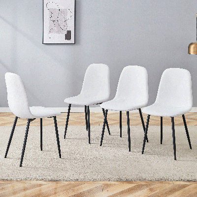 4-piece High Resilience Dining Chair Set - Luxury Simple White Linen-cotton Design, Integral Black Metal Leg Architecture, Suitable For Various Interiors