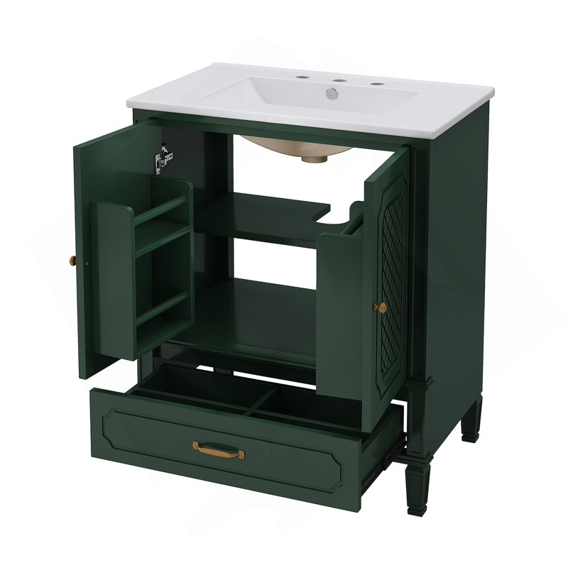 Meuble-lavabo 30 po avec lavabo style rétro, espace de rangement multifonctionnel, tablette de porte, porte à fermeture en douceur, vert