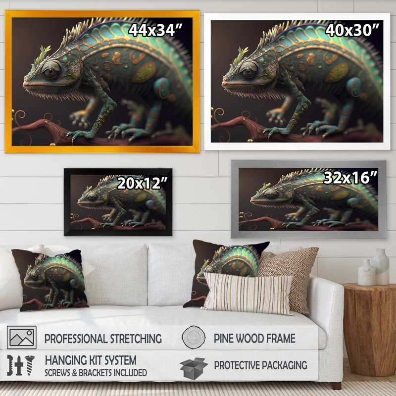 Gros plan sur Caméléon coloré - reproduction sur toile, Impression noire sur toile encadrée, H 12 po x l 20 po x P 1 po