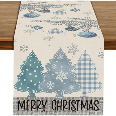 Inch Christmas Table Runner – Blue Plaid And Snowflake Christmas Tree Holiday Table Decoration With Ornaments And Pine Branches For Dining Room, Kitchen, And Winter Parties