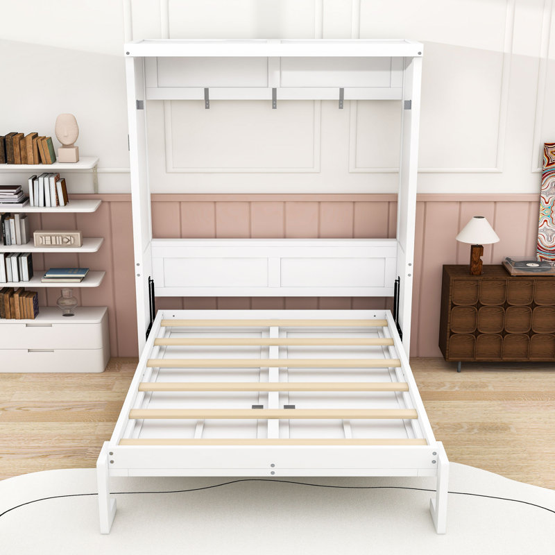 Lit escamotable en bois peu encombrant avec conception d'armoire, Lit double, Blanc