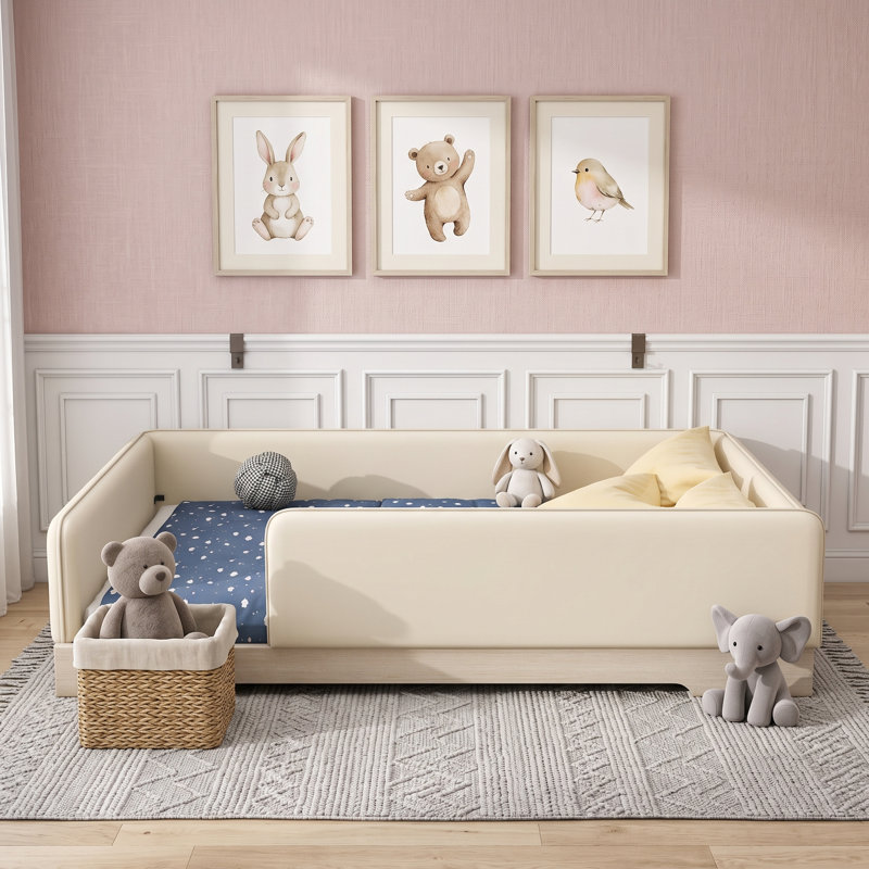 Lit de plancher rembourré avec garde-corps et lattes, Grand lit, Beige