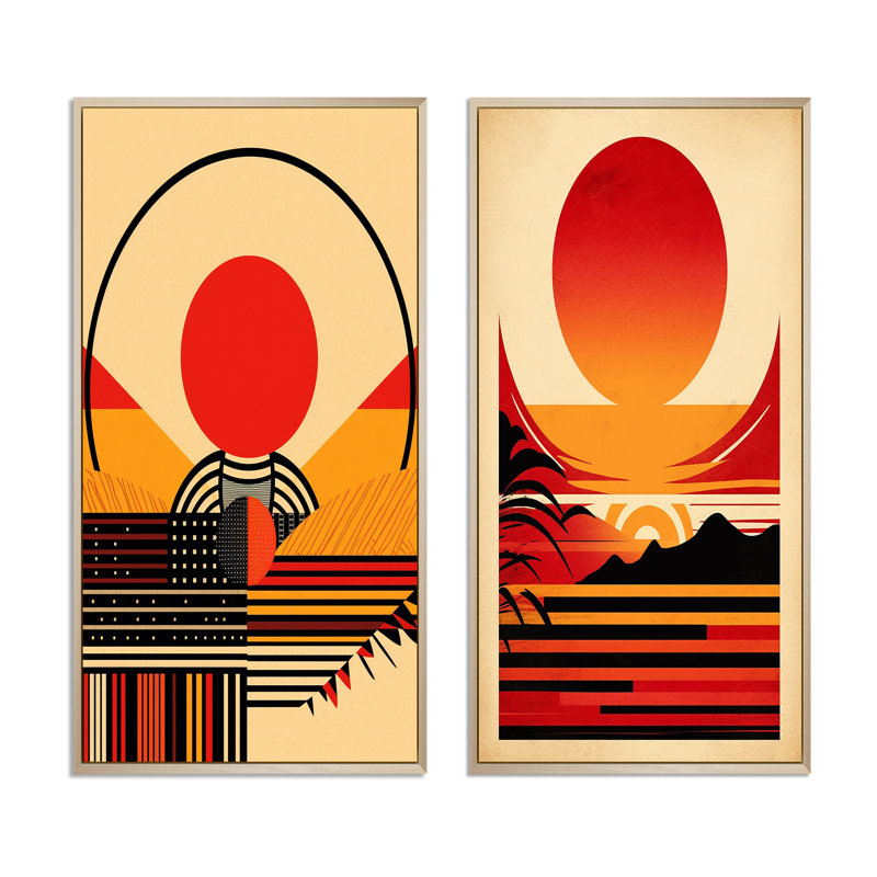 «Red Bold Sunset», 2 pièces sur toile, H 32 po x l 32 po, Encadrement brun