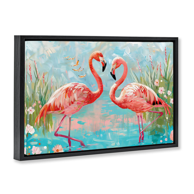 Cadre flottant Modern Flamingo Love, design par LSR Design Studio, H 17 po x l 25 po, Cadre flottant noir de jais