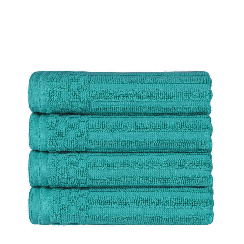 Kleiman Cotton Highly Absorbent Solid and Checkered Border Hand Towel Set, Turquoise