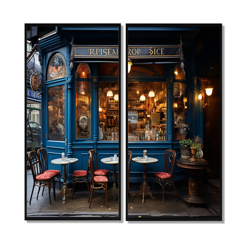 Ensemble de 2 art mural français Parisian Cafe Blues - France, 32" H x 32" W, Impression encadrée flottante, Black