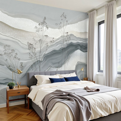 Peler et coller le papier peint adhésif à la main, aquarelle, éléments scintillants argentés, art mural auto-adhésif et amovible