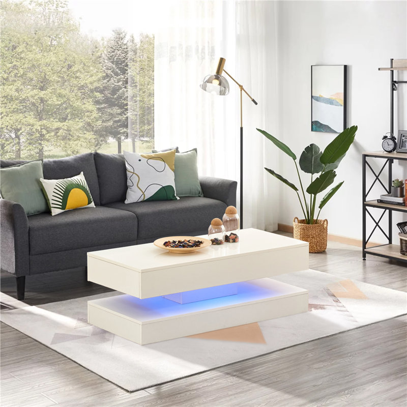 Modern High Gloss Coffee Table LED with 2 Drawer Storage for Living Room