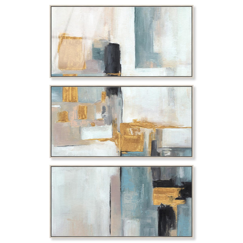Reflets brumeux - Ira Comleva, grande estampe abstraite encadrée en trois parties sur verre acrylique, par Art Remedy, cadre argenté, 40 x 20