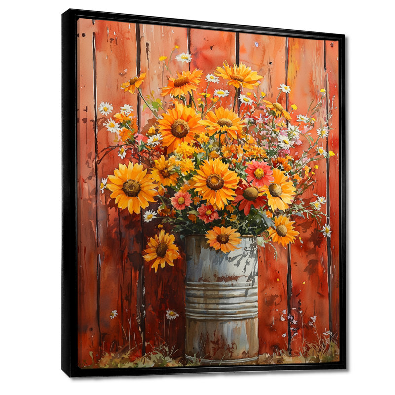 «Sloan Golden Glow Summer Bouquet At The Farm - Assortiment de bouquets», art mural, Noir, Reproduction avec cadre flottant