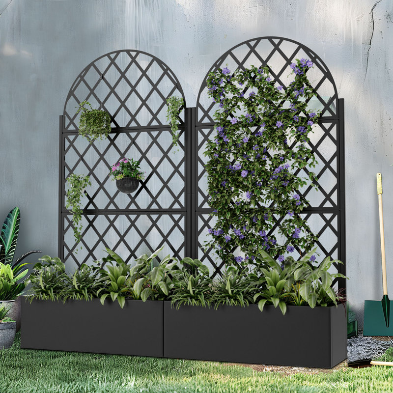 73"H×35"W Arch Metal Planter Box with Trellis with Wheels, Black