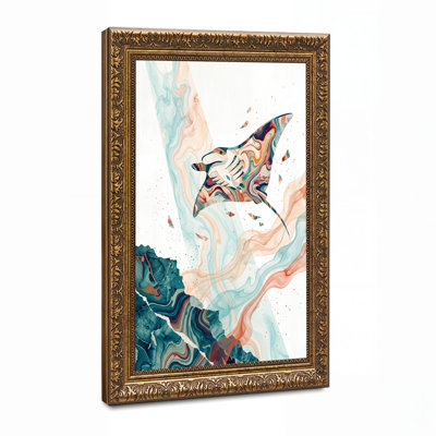 Teal And Peach Marble Pattern Bird Flying Abstract Canvas Wall Art