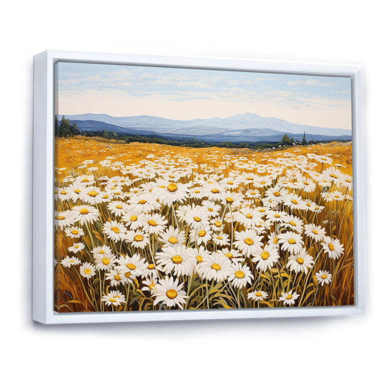 Symphonie de marguerites blanches sur le terrain, L 32 po x H 24 po x P 1 po, Cadre flottant blanc