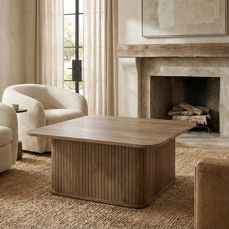 Aurel 31.5" Fluted Square Coffee Table, Brown