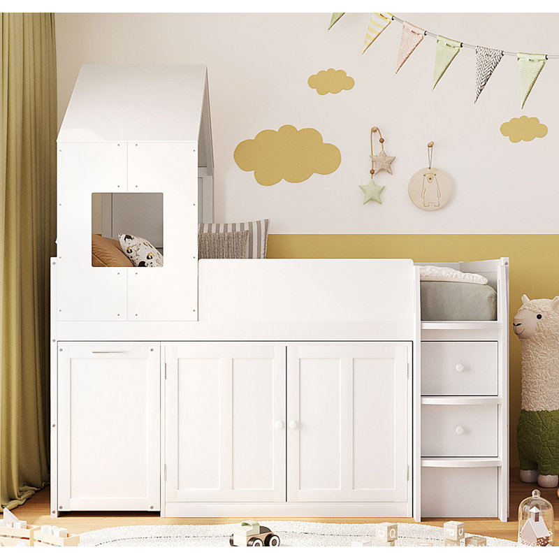 Lit mezzanine simple en bois avec bureau, tiroirs, armoires, blanc, Blanc