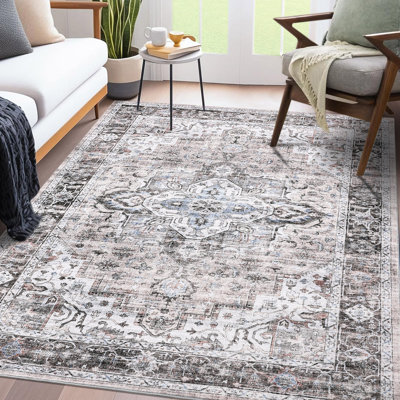 Tapis oriental lavable à la machine avec envers en caoutchouc pour le salon Tapis antidérapant floral Tapis de sol rétro facile à nettoyer pour chambre à coucher, salle à manger, bureau, salle de jeux, chambre de bébé