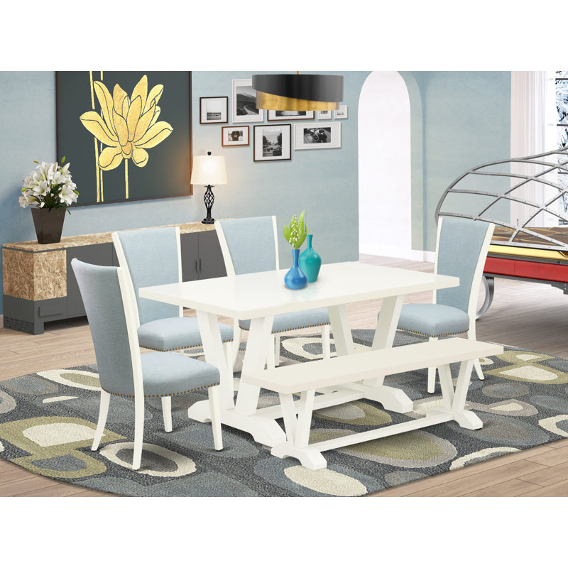 Ensemble de table 6 pièces - 4 chaises Parson en tissu de lin gris avec têtes de clou et table de salle à manger en bois - 1 banc de cuisine - brosse métallique.