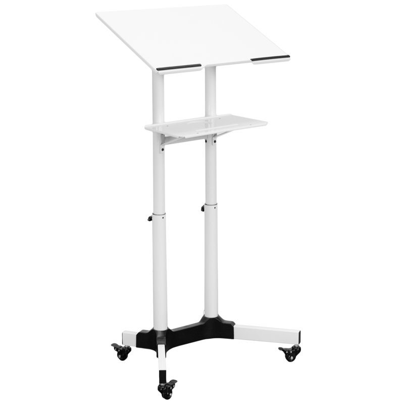 White Adjustable Steel Mobile Podium with Storage Tray