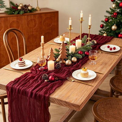 Chemin de table bourgogne, chemin de table boho rustique bordeaux 10 pi, 120 pouces, tissu de fromage rouge, chemin de fer pour mariage, anniversaire, fête, décorations de fête