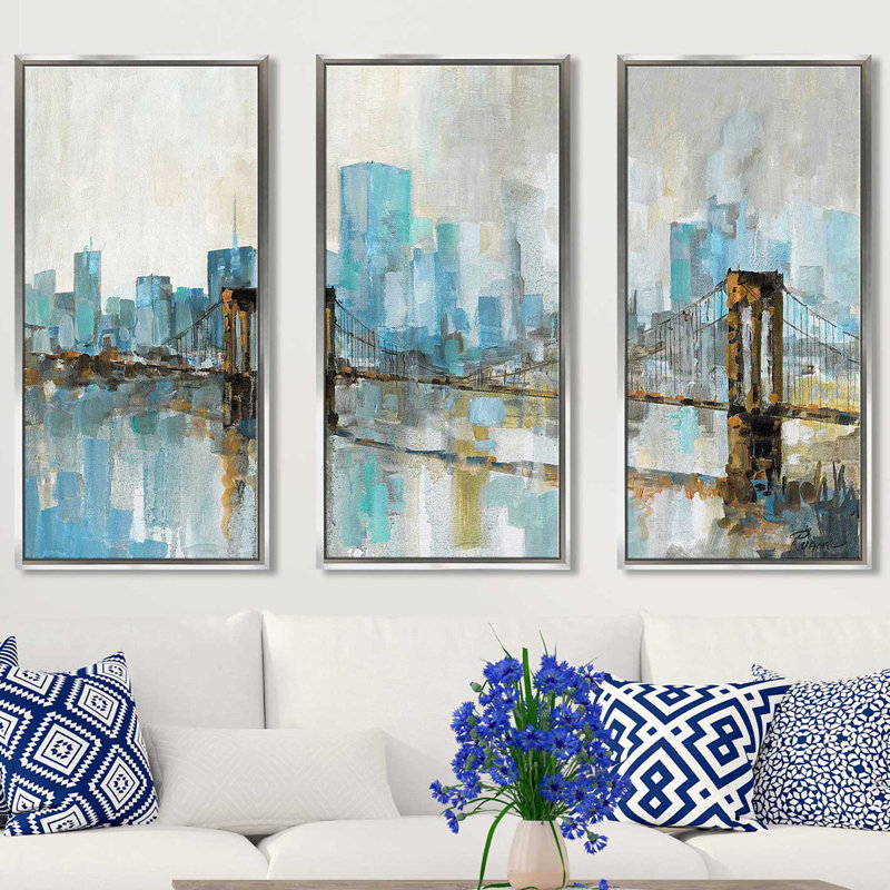 " Teal City Shadows " by Ruane Manning 3 - Pieces Painting Print, 33.5" H x 52.5" W x 2" D