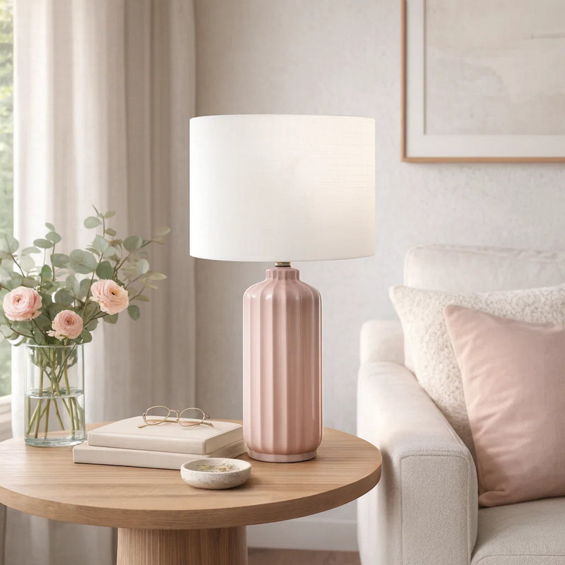 Limy Table Lamp, 23 Inch, Ivory Drum Shade, Ribbed Pink Ceramic Base, Pink