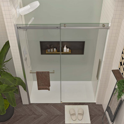 Frameless Sliding Glass Shower Door 56-60"W X 76"H With Brushed Nickel Hardware, Towel Bar, And Handle | Gift Idea