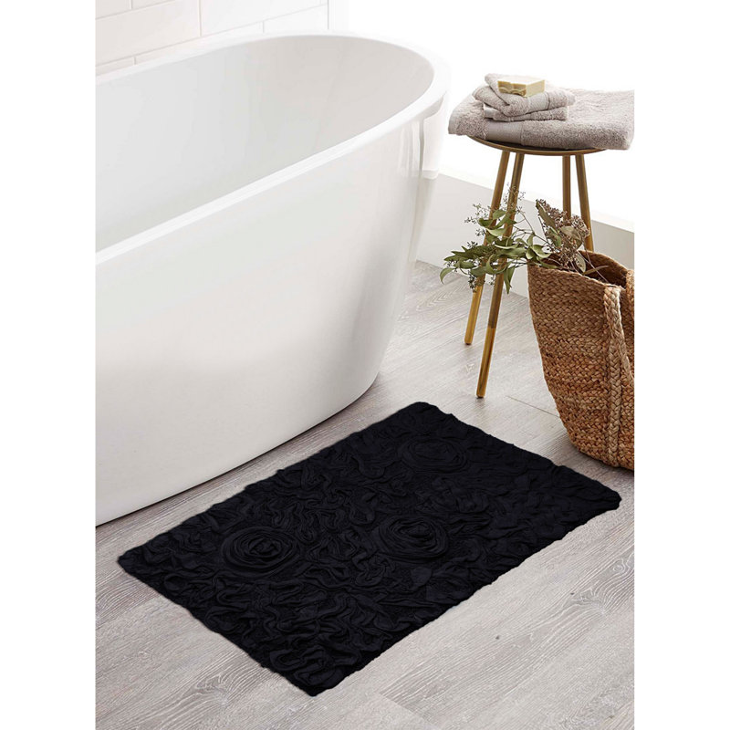 Tapis de bain en coton touffeté à motif floral rose Pascoe, Simple - L 34 po x l 21 po, Noir