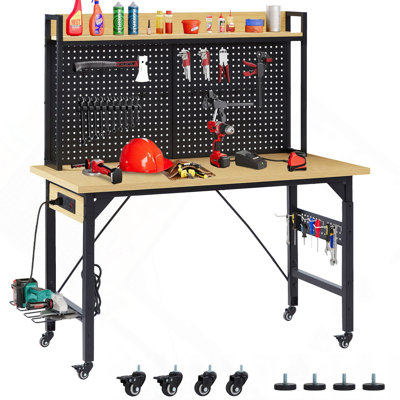 48''Adjustable Workbench With Pegboard, Heavy Duty Wooden Desktop Workbench With Wheels, 1600 Lb. Load Capacity, Rolling Workbench With AC/USB Outlet, Hooks, Shelf, For Garage, Workshop, Office, Home.