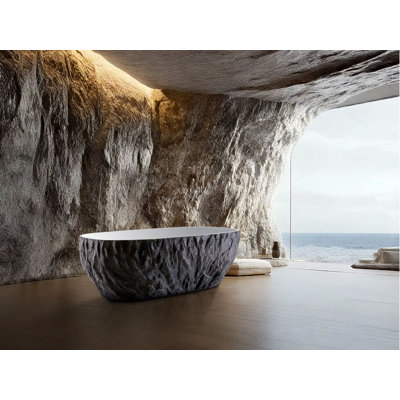 67" Freestanding Solid Surface Bathtub With Rock-Textured Exterior, White Interior, Modern Spa Style