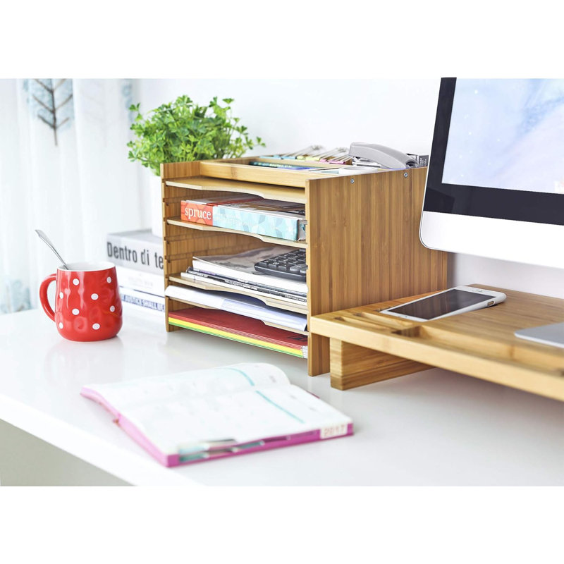 Natural Bamboo Adjustable 5-Tier File Organizer with Top Compartments