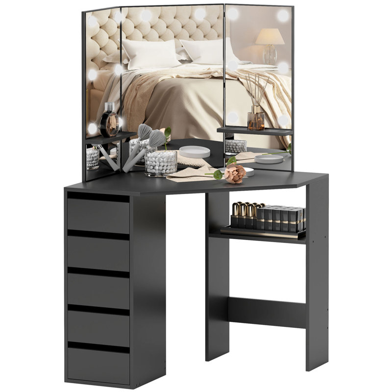 Coiffeuse de maquillage avec 3 miroirs, coiffeuse lumineuse, Noir, noir, noir, noir