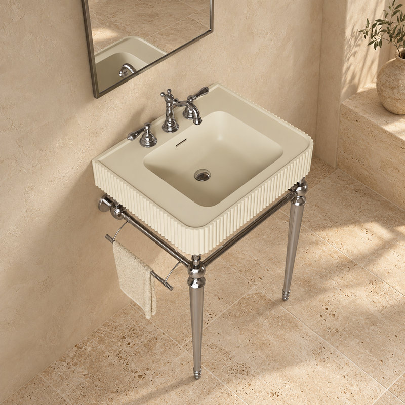 Lavabo de console de salle de bain cannelé avec cuve intégrée à surface solide, pieds en métal rétro et barre à serviettes