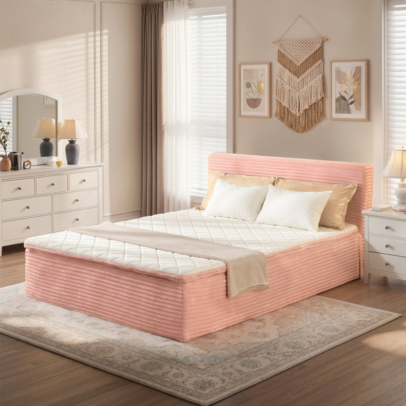 Lit plateforme tapissier, aucun assemblage requis Lit de compression avec matelas à ressorts, Grand lit, Rose
