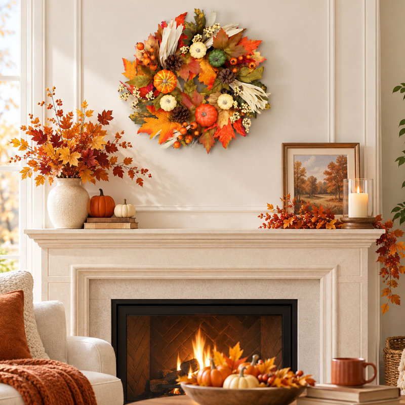 Couronne d'automne en érable avec citrouilles et érable de 61 cm (24 po) et porte d'entrée