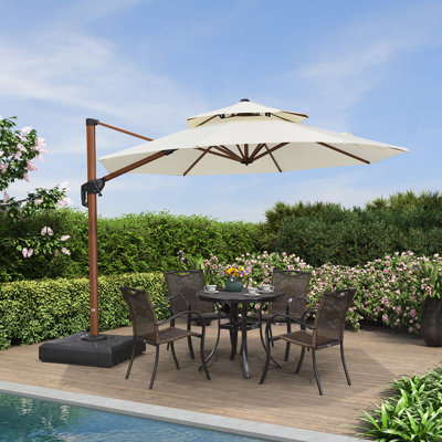 Epperly 10 FT Round Wood Pattern Cantilever Umbrella With Base,Cream