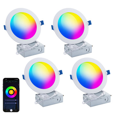 Color Smart 7in 13W 1,150 Lumens Round LED Recessed Light and Housing for Remodel or New Construction with RGBCW Color Changing in White Works with iOS or Android APP (Pack of 4)