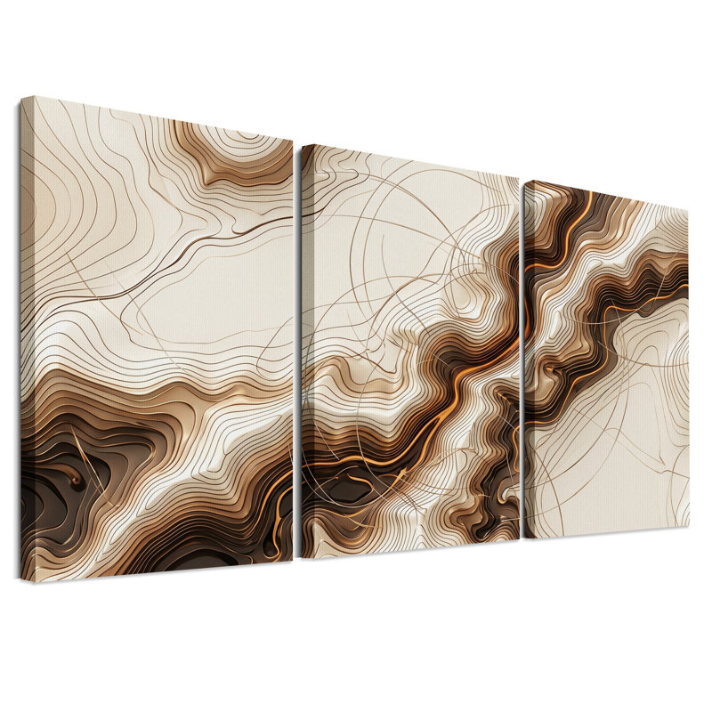 Ensemble de 3 toiles murales représentant des lignes topographiques abstraites beiges et brunes, 18"H x 12"W x 3pcs