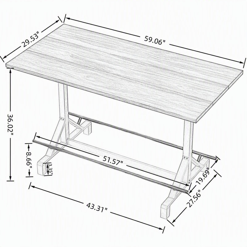 Table de bar rectangulaire en bois, hauteur 150 cm (59 pouces), avec repose-pieds, Noir blanc, noyer