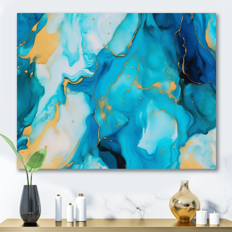 «Turquoise Luxury Abstract Fluid Art IV», reproduction d'art sur toile encadrée abstraite, H 30 po x l 40 po x P 1,5 po