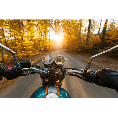 Motorcycle Driver Riding In Forest - Wrapped Canvas Photograph