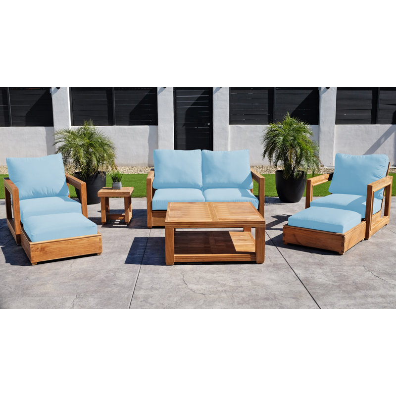 Ensemble de conversation Stilijan en teck avec coussins Sunbrella®, Table, Loveseat, 2 Chairs, 2 Ottomans, Side Table