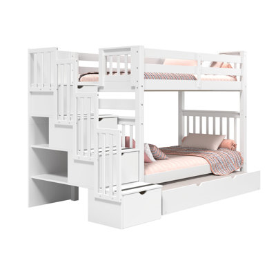 Tena Tall Solid Wood Standard Stairway Bunk Beds Twin over Twin, 4 Drawers in the Steps, Twin Trundle, White