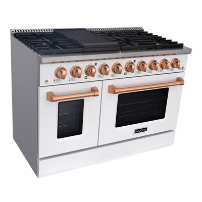 Cuisinière au gaz autoportante de 48 pouces Akicon - 6,7 pieds Pi. Double four à gaz à convection rapide - cuisinière à gaz avec 8 brûleurs scellés et une plaque chauffante, grilles en fonte robustes (blanc et cuivre)