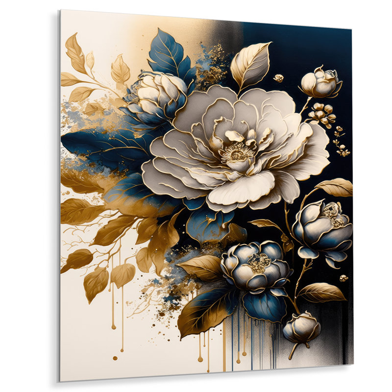 Lanagan Blue and white Camellia Bouquet I - Blue Flower metal Wall Decor, 32" H x 16" W x 1" D