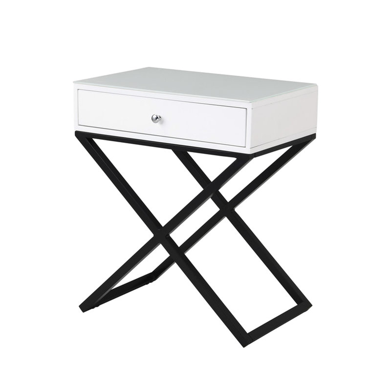 Table d'appoint en bois blanc 23 po avec plateau en verre, tiroir et base en métal