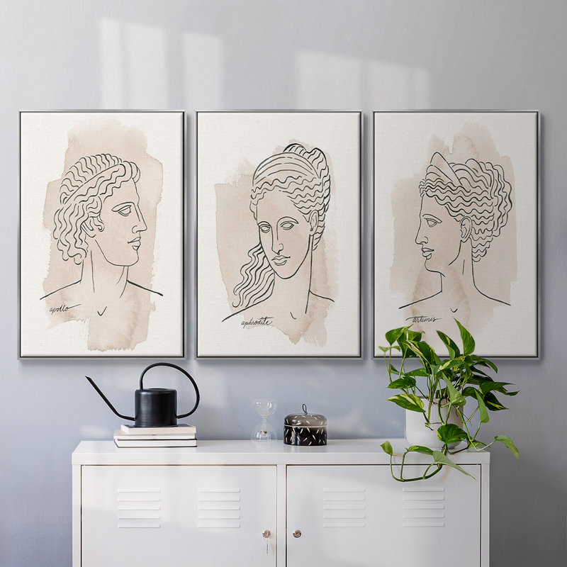 Ensemble de 3 pièces grecques IV encadrées sur toile, H 40 po x l 78 po, Encadrement argenté