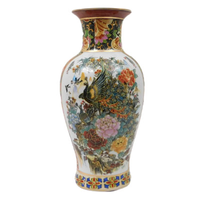  Japanese Satsuma Vase with Peacock and Geisha Design 12"H